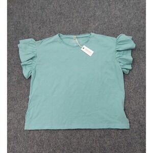 Mersea Top Shirt Womens S/M Blue Juliette Ruffle Sleeve Crew Neck Boxy Tee‎ NWT